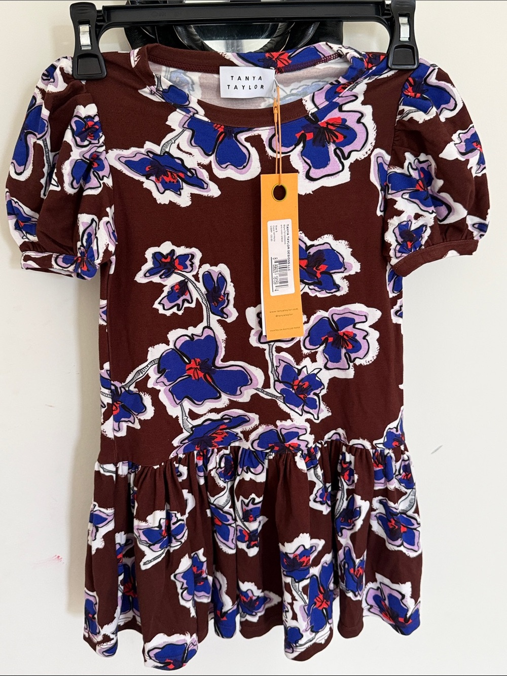 Tanya Taylor Brown Floral Puff-Sleeve Peplum Top with Blue & Purple Blooms